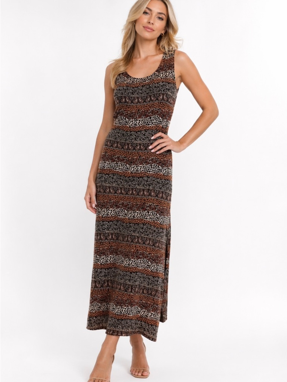 🔥🔥Studio 1 Brown Multi Print Sleeveless Sheath Dress Size 12